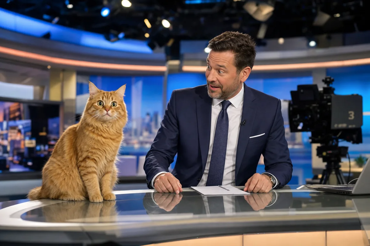 Fernsehmoderator mit Katze auf dem Studiotisch