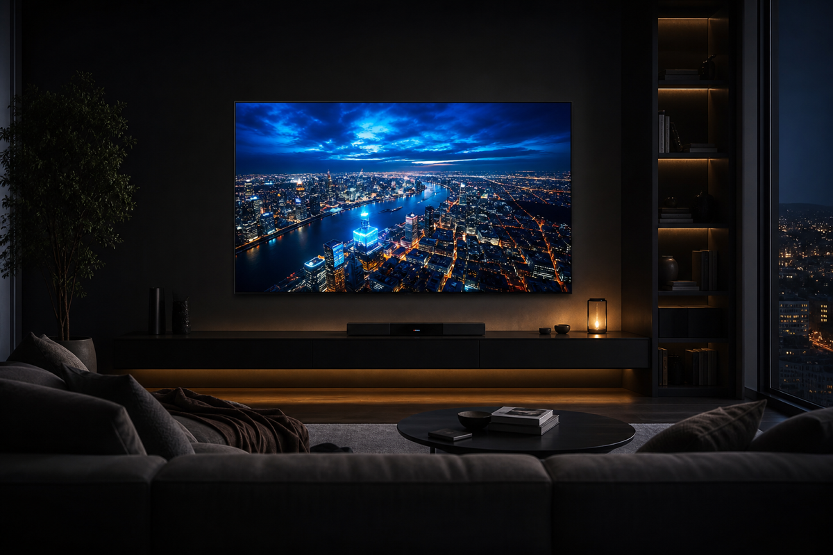 Dunkles Wohnzimmer, OLED-Fernseher